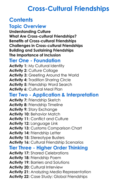 Cross-Cultural Friendships Worksheet Activity Booklet