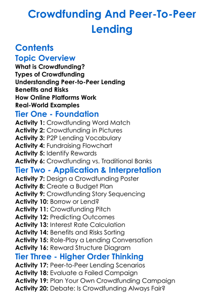 Crowdfunding And Peer-To-Peer Lending Worksheet Activity Booklet