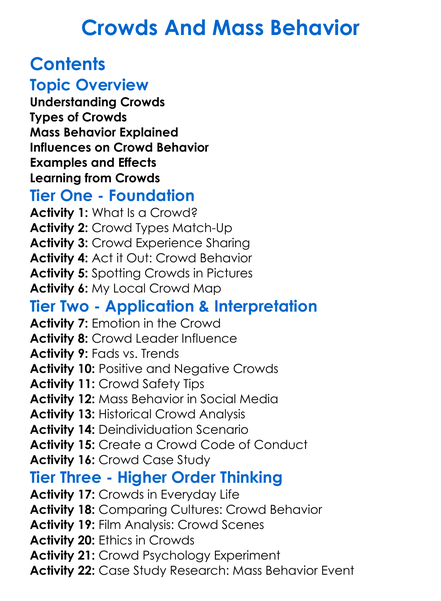 Crowds And Mass Behavior Worksheet Activity Booklet