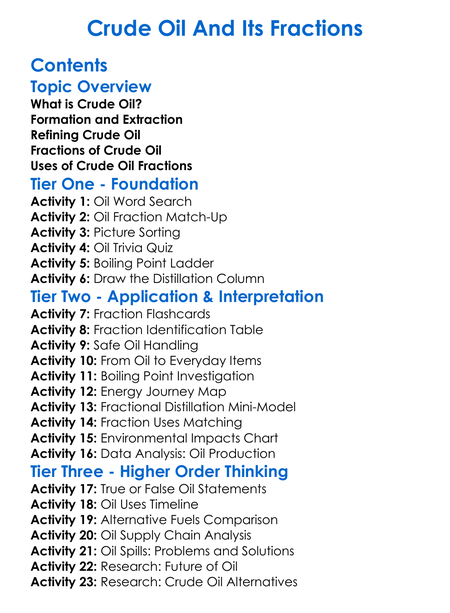Crude Oil And Its Fractions Worksheet Activity Booklet