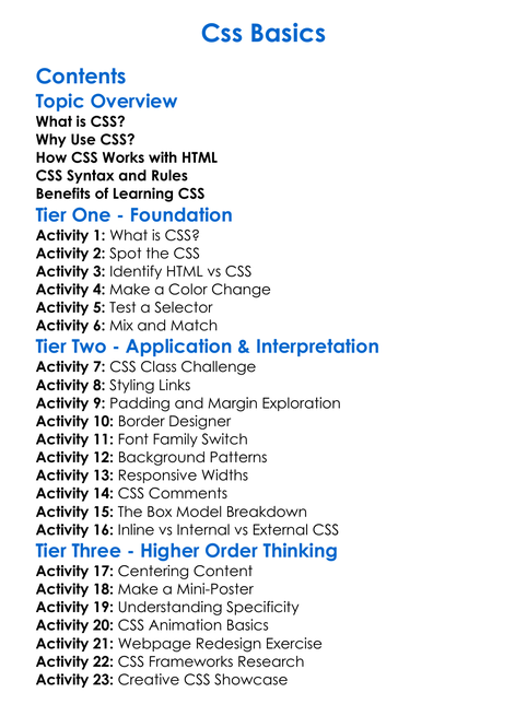 Css Basics Worksheet Activity Booklet