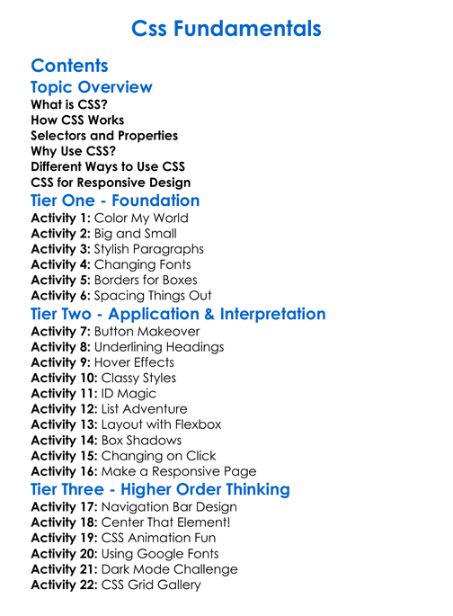 Css Fundamentals Worksheet Activity Booklet