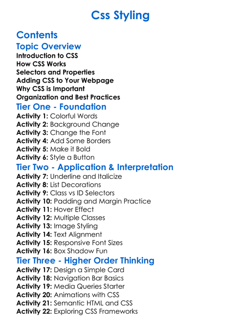 Css Styling Worksheet Activity Booklet