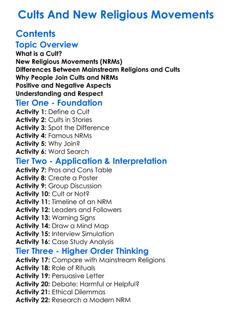 Cults And New Religious Movements Worksheet Activity Booklet