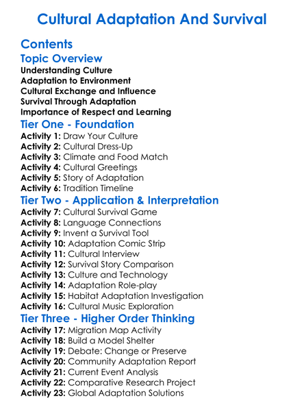 Cultural Adaptation And Survival Worksheet Activity Booklet