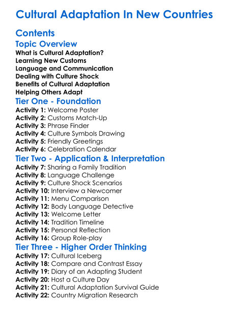 Cultural Adaptation In New Countries Worksheet Activity Booklet