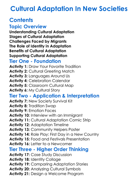 Cultural Adaptation In New Societies Worksheet Activity Booklet