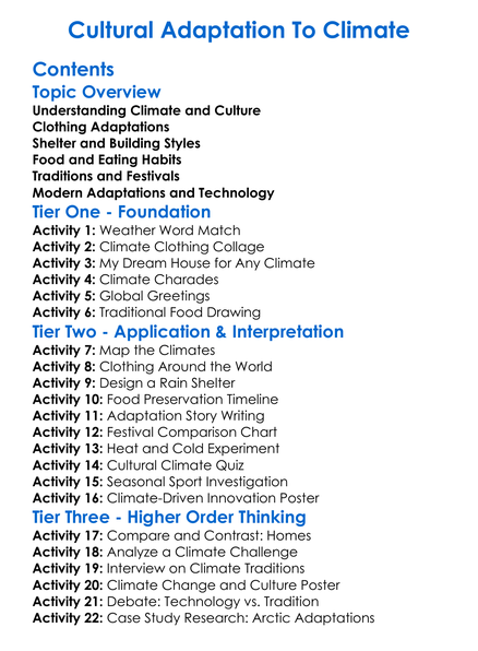 Cultural Adaptation To Climate Worksheet Activity Booklet