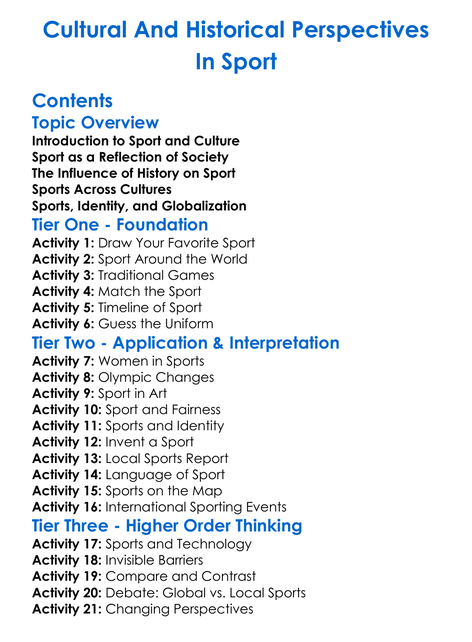 Cultural And Historical Perspectives In Sport Worksheet Activity Booklet