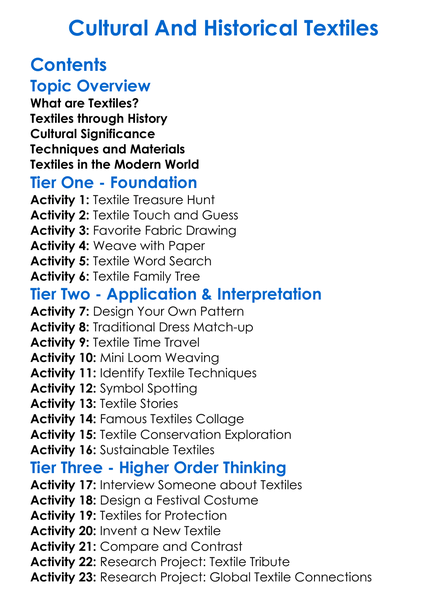 Cultural And Historical Textiles Worksheet Activity Booklet