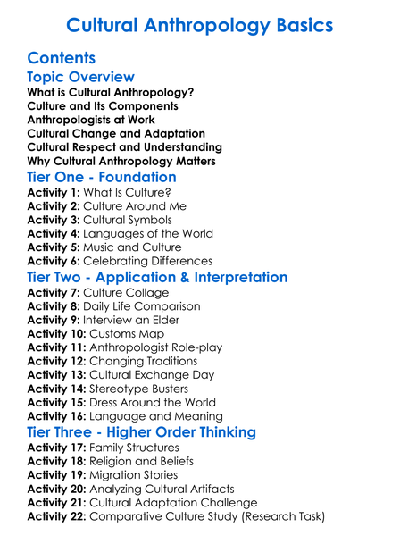 Cultural Anthropology Basics Worksheet Activity Booklet