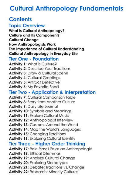 Cultural Anthropology Fundamentals Worksheet Activity Booklet