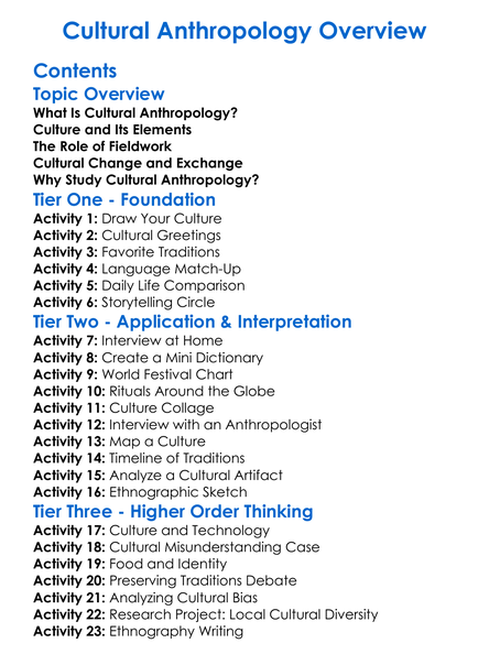 Cultural Anthropology Overview Worksheet Activity Booklet