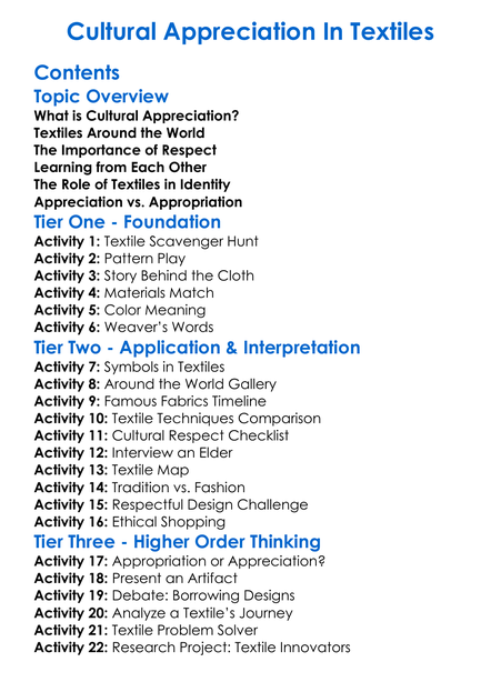 Cultural Appreciation In Textiles Worksheet Activity Booklet