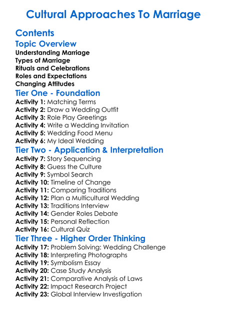 Cultural Approaches To Marriage Worksheet Activity Booklet