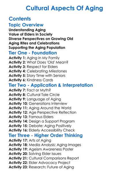 Cultural Aspects Of Aging Worksheet Activity Booklet