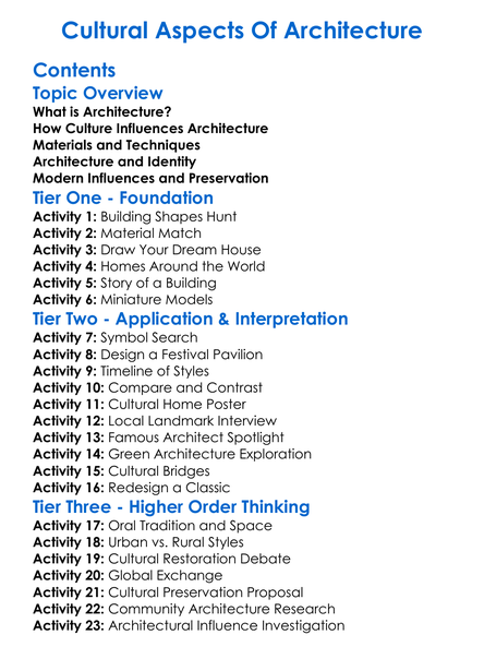 Cultural Aspects Of Architecture Worksheet Activity Booklet