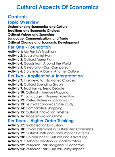 Cultural Aspects Of Economics Worksheet Activity Booklet