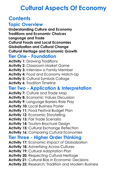 Cultural Aspects Of Economy Worksheet Activity Booklet