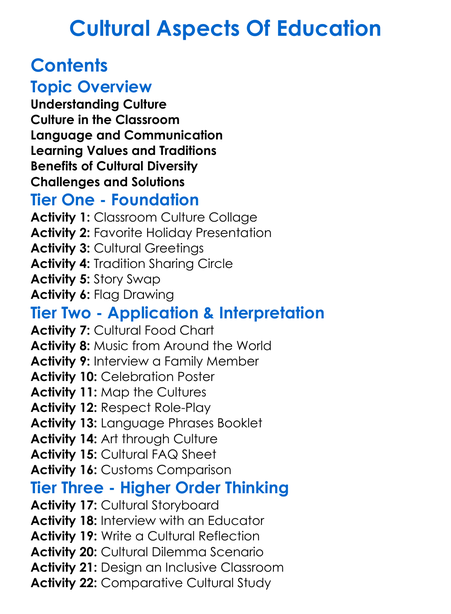 Cultural Aspects Of Education Worksheet Activity Booklet