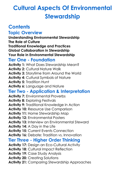 Cultural Aspects Of Environmental Stewardship Worksheet Activity Booklet
