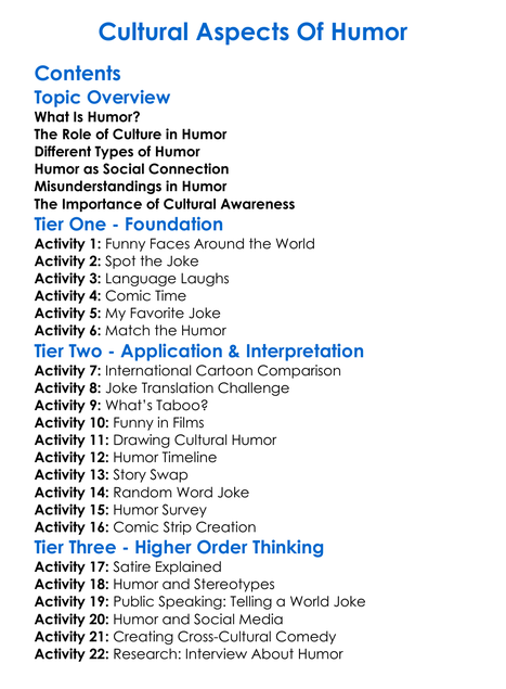 Cultural Aspects Of Humor Worksheet Activity Booklet