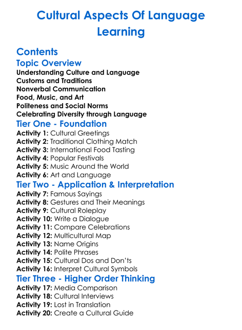 Cultural Aspects Of Language Learning Worksheet Activity Booklet