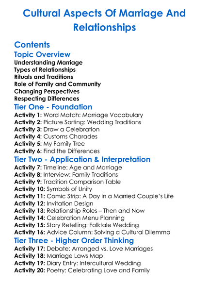 Cultural Aspects Of Marriage And Relationships Worksheet Activity Booklet