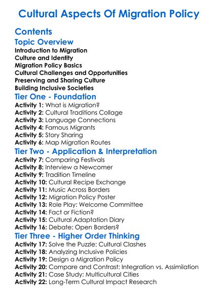 Cultural Aspects Of Migration Policy Worksheet Activity Booklet