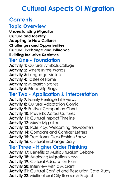 Cultural Aspects Of Migration Worksheet Activity Booklet