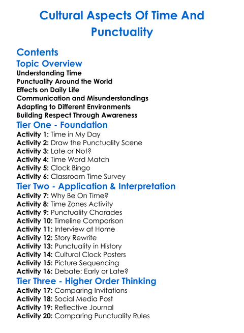 Cultural Aspects Of Time And Punctuality Worksheet Activity Booklet