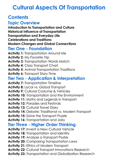 Cultural Aspects Of Transportation Worksheet Activity Booklet