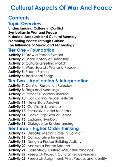 Cultural Aspects Of War And Peace Worksheet Activity Booklet