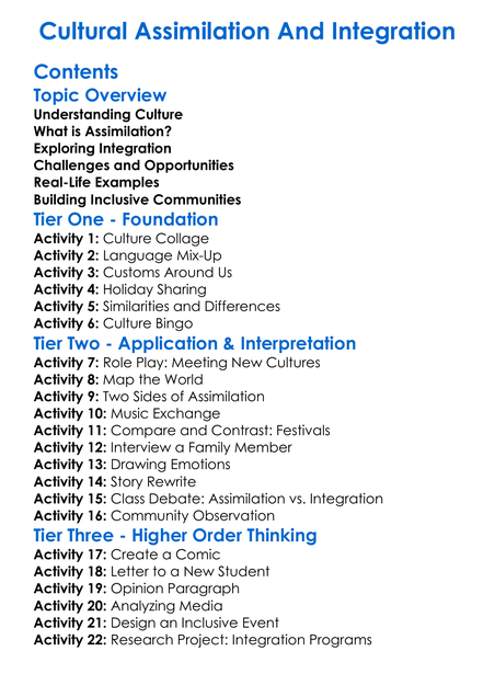 Cultural Assimilation And Integration Worksheet Activity Booklet