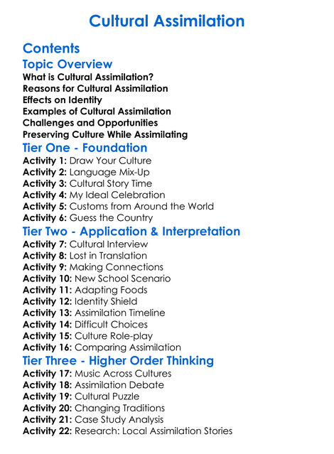 Cultural Assimilation Worksheet Activity Booklet