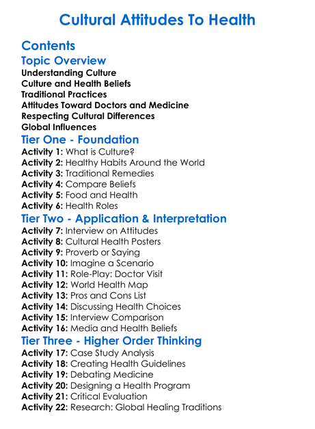 Cultural Attitudes To Health Worksheet Activity Booklet