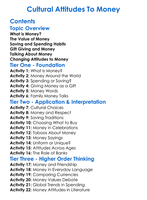 Cultural Attitudes To Money Worksheet Activity Booklet
