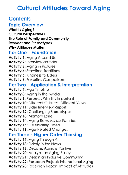 Cultural Attitudes Toward Aging Worksheet Activity Booklet