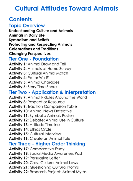 Cultural Attitudes Toward Animals Worksheet Activity Booklet