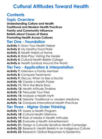 Cultural Attitudes Toward Health Worksheet Activity Booklet