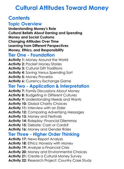 Cultural Attitudes Toward Money Worksheet Activity Booklet