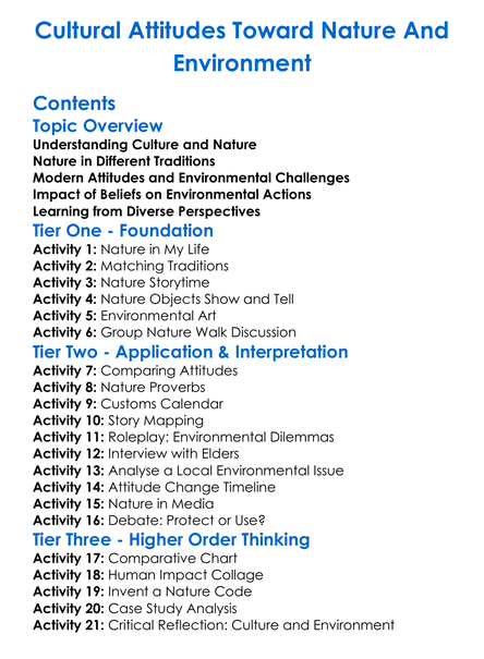 Cultural Attitudes Toward Nature And Environment Worksheet Activity Booklet