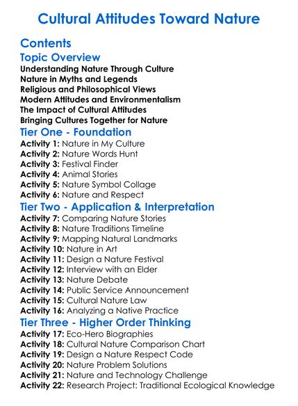 Cultural Attitudes Toward Nature Worksheet Activity Booklet