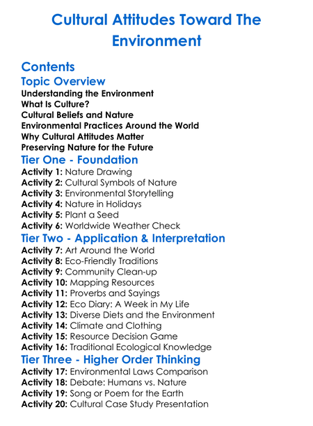 Cultural Attitudes Toward The Environment Worksheet Activity Booklet