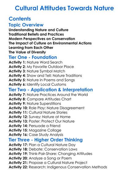 Cultural Attitudes Towards Nature Worksheet Activity Booklet