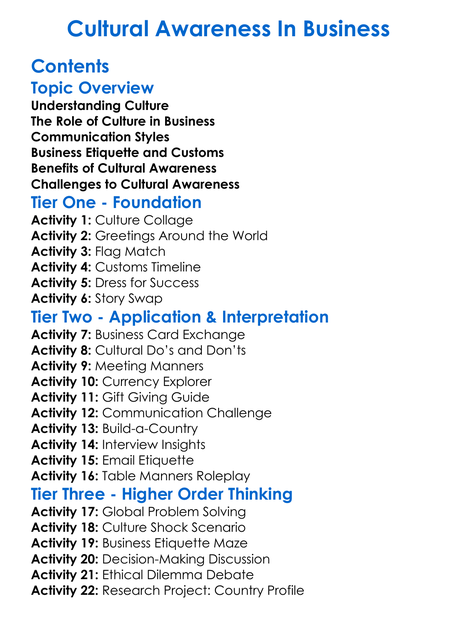 Cultural Awareness In Business Worksheet Activity Booklet