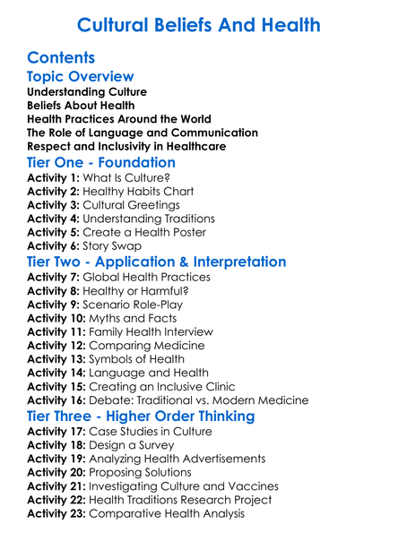Cultural Beliefs And Health Worksheet Activity Booklet