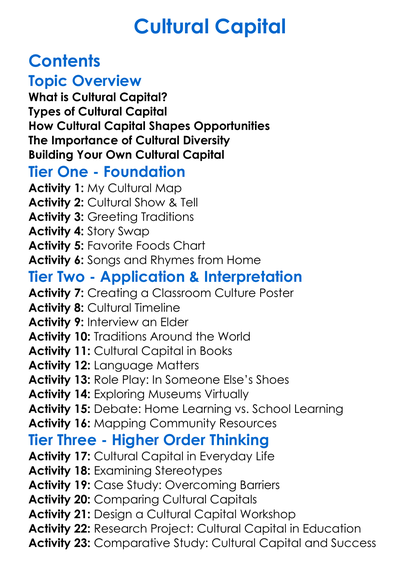 Cultural Capital Worksheet Activity Booklet