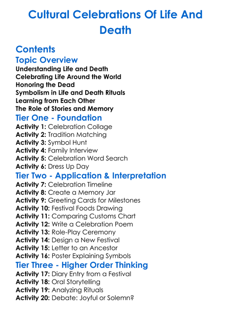 Cultural Celebrations Of Life And Death Worksheet Activity Booklet
