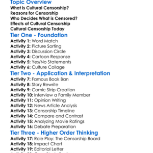 Cultural Censorship Worksheet Activity Booklet